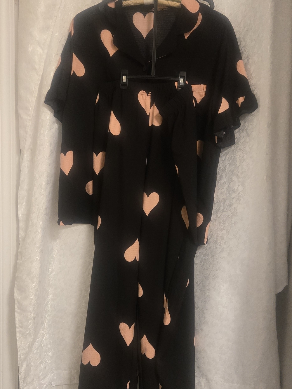 Black Heart Print Pajama Set - Pink Hearts